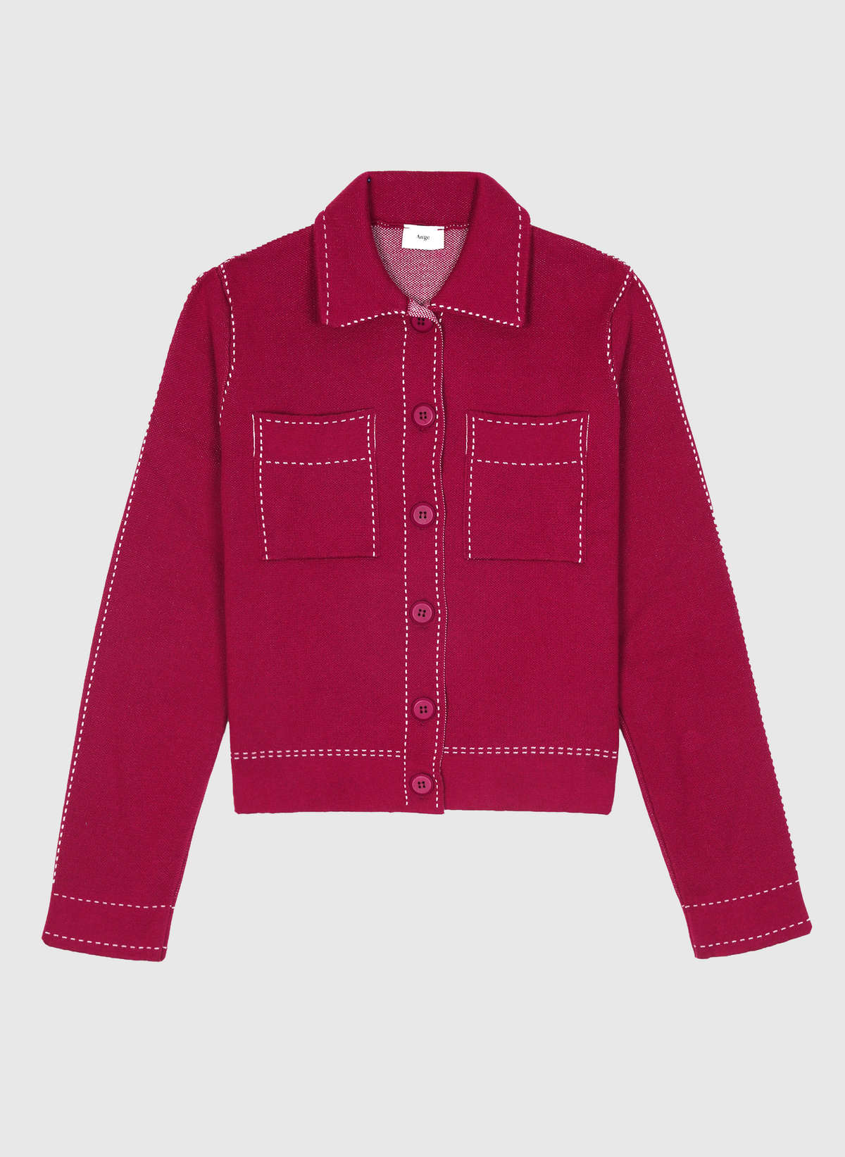 An'ge – Vest Leclint Bordeaux, fuchsia gebreid vest met witte sierstiksels, vooraanzicht