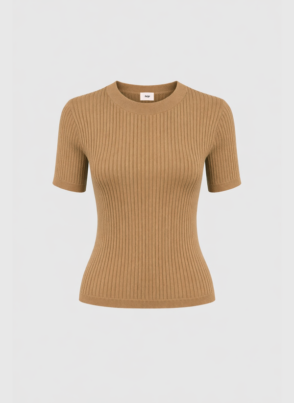 An'ge – Pull Lesienna Beige, haut côtelé marron à manches courtes, vue de face