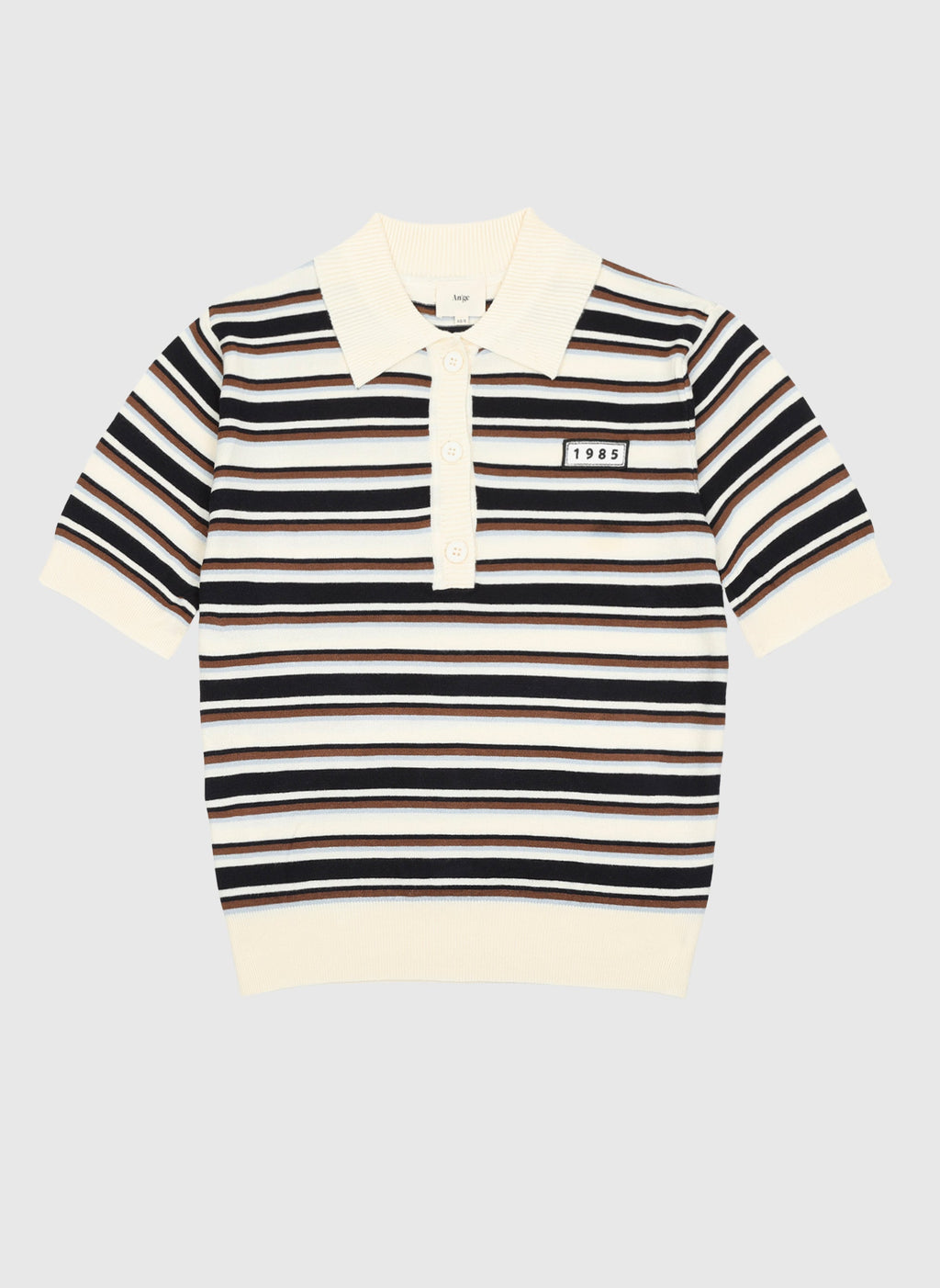 An'ge – Nalberis Blanc polo, kortærmet polo stribet i sort, brun og råhvid, set forfra