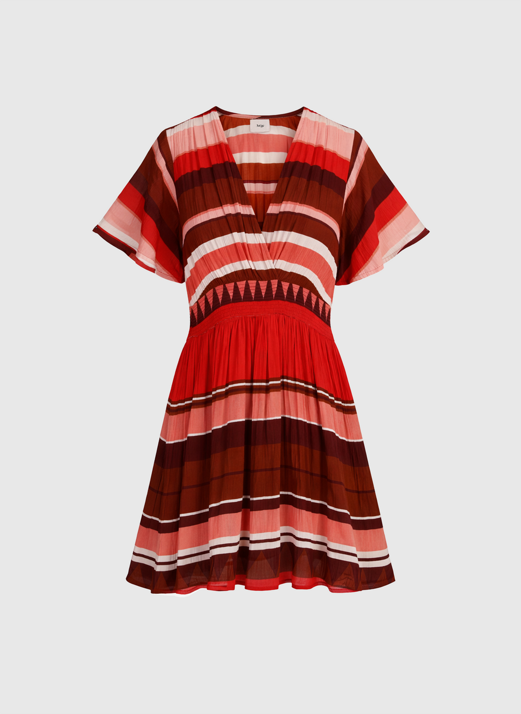 An'ge – Robe Courte Oflyma Sulana Bordeaux, robe courte à rayures multicolores, encolure en V et manches courtes
