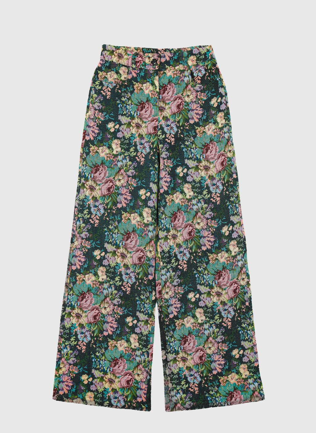 An'ge – Pantalon Passyna Noir, pantalon large à motif floral multicolore sur fond vert foncé, vue de face