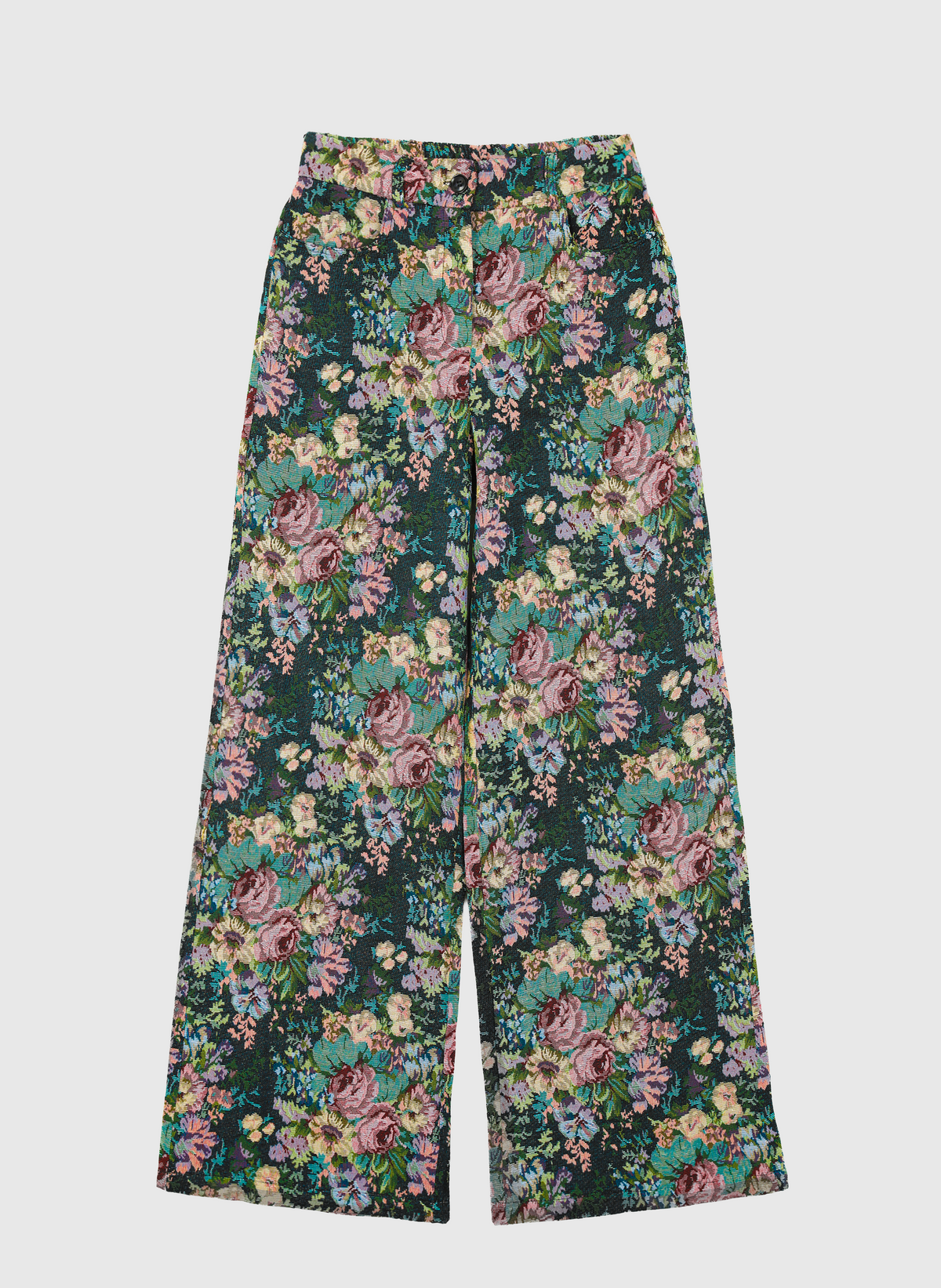 An'ge – Pantalon Passyna Noir, pantalon large à motif floral multicolore sur fond vert foncé, vue de face