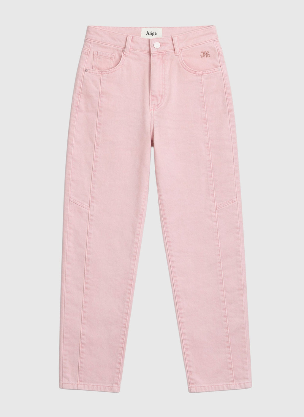 An'ge – Pantalon Prima Rose, jean rose pâle en denim, coupe droite, avec coutures apparentes