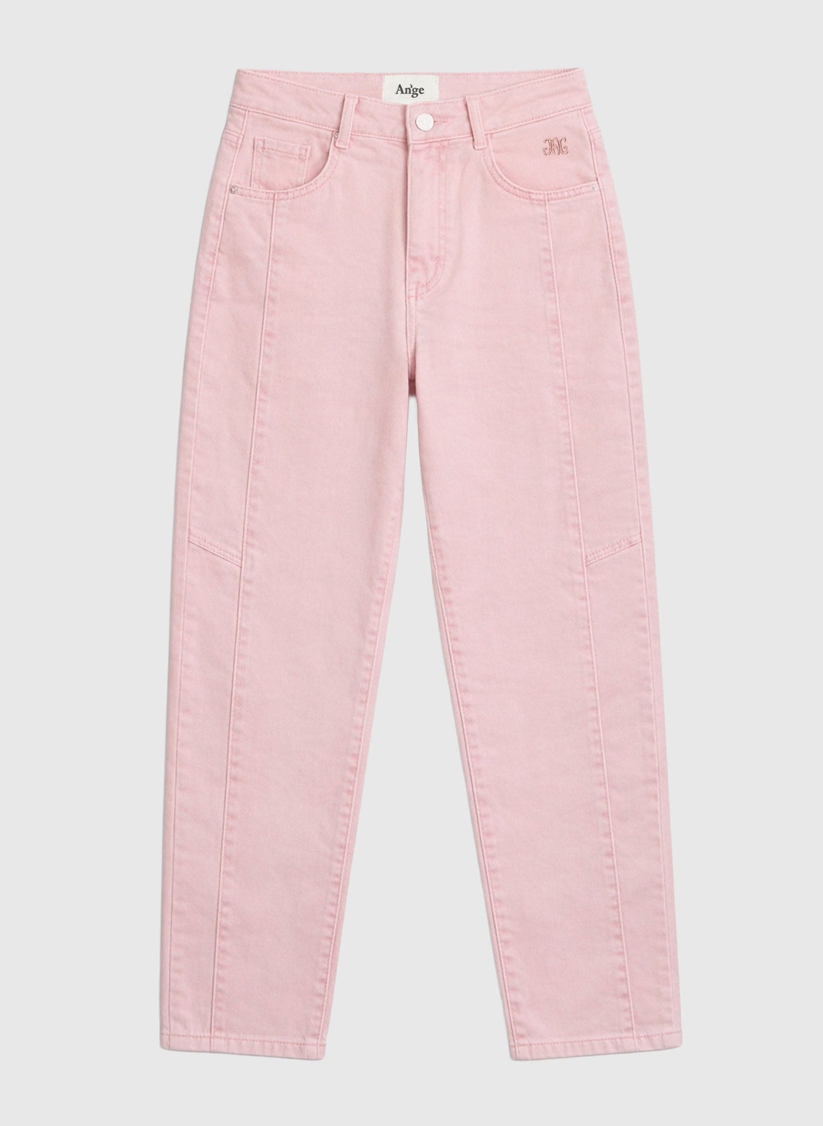 An'ge – Pantalon Prima Rose, jean rose pâle en denim, coupe droite, avec coutures apparentes