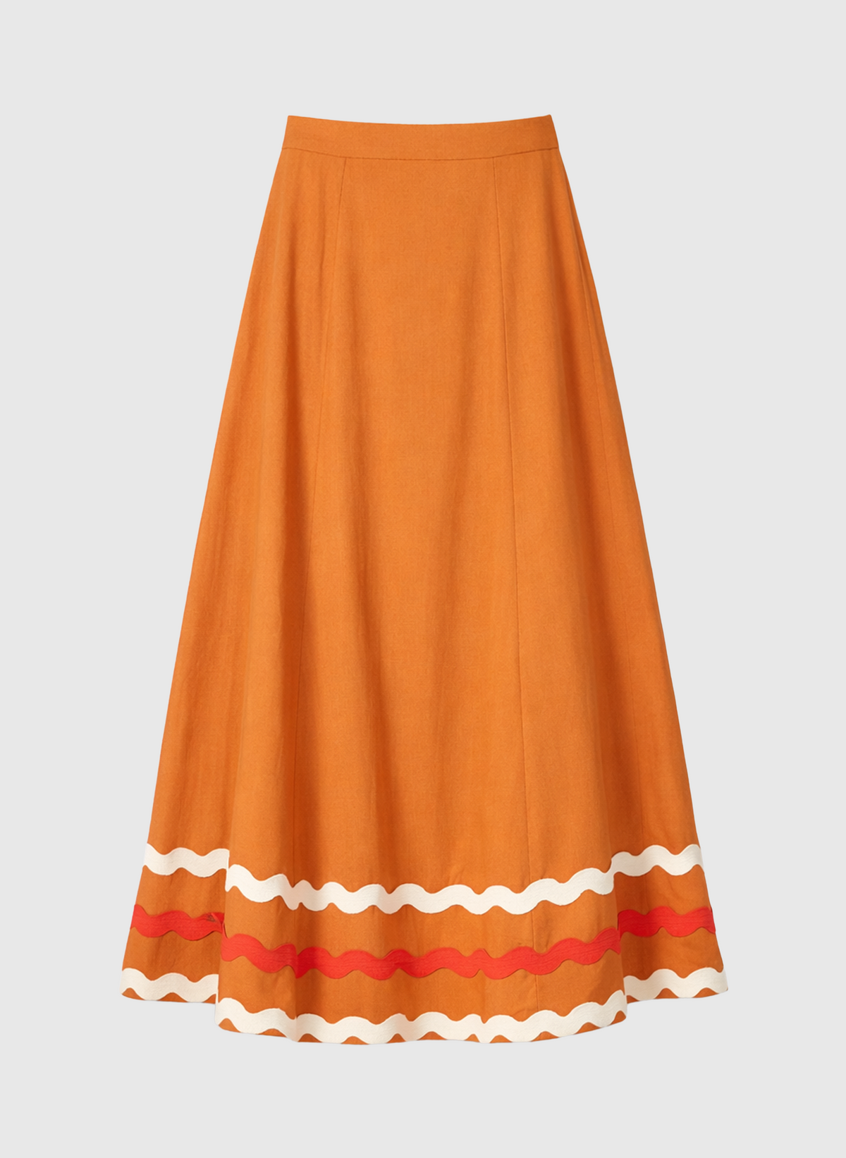 An'ge – Falda larga Roline dorada, falda larga acampanada naranja con franjas onduladas blancas y rojas