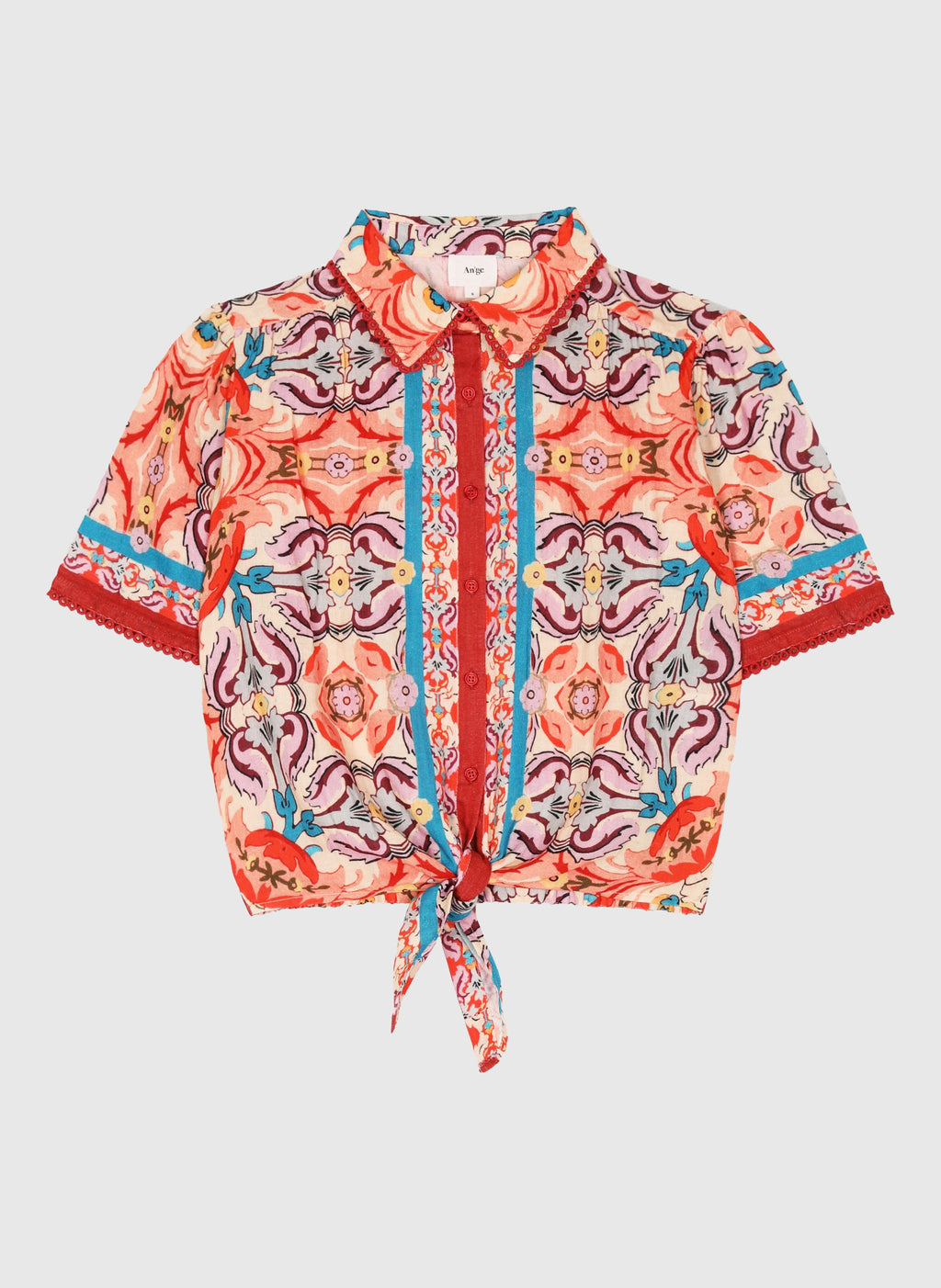 An'ge – Chemise Saturna Folka Corail, chemise à manches courtes et motif floral coloré, nouée sur le devant