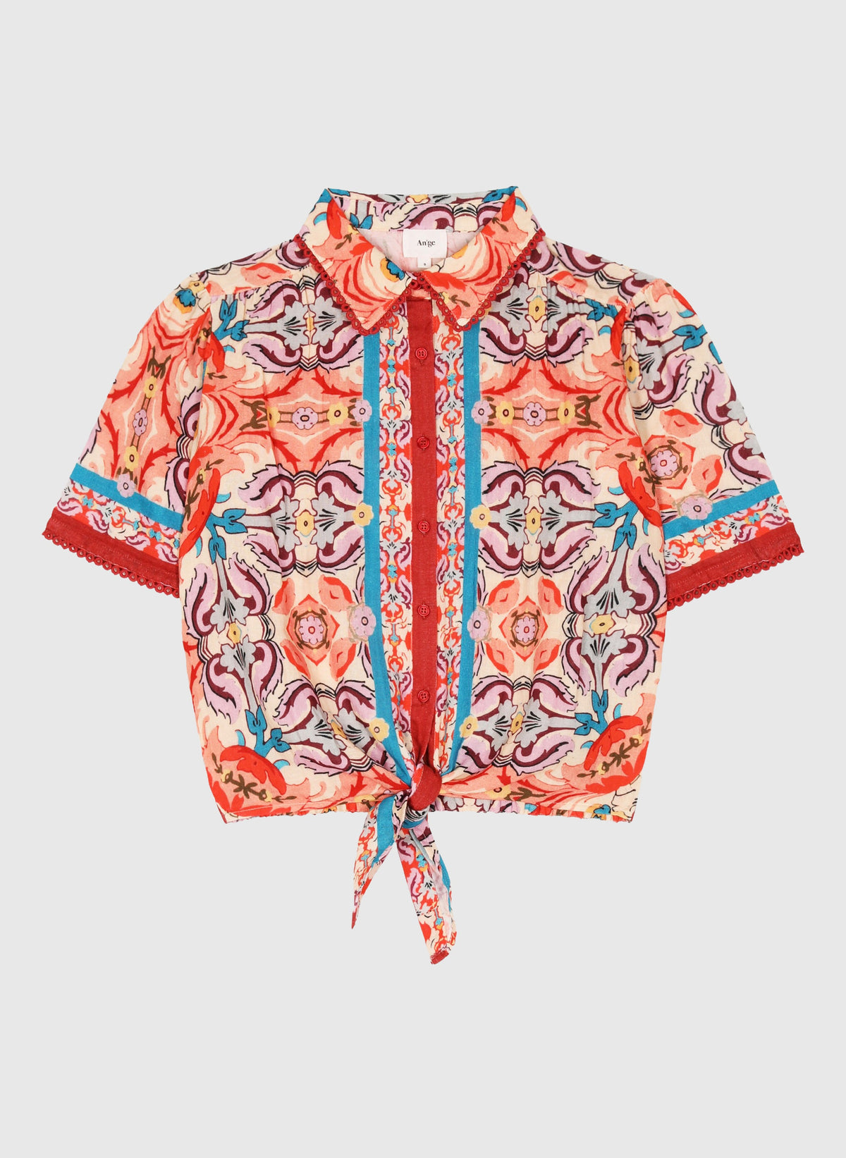 An'ge – Chemise Saturna Folka Corail, chemise à manches courtes et motif floral coloré, nouée sur le devant