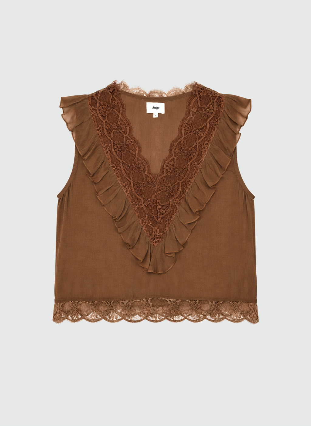 An'ge – Debardeur Savilma Marron, top marron en soie avec dentelle et volants, vue de face