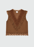 An'ge – Debardeur Savilma Marron, top marron en soie avec dentelle et volants, vue de face