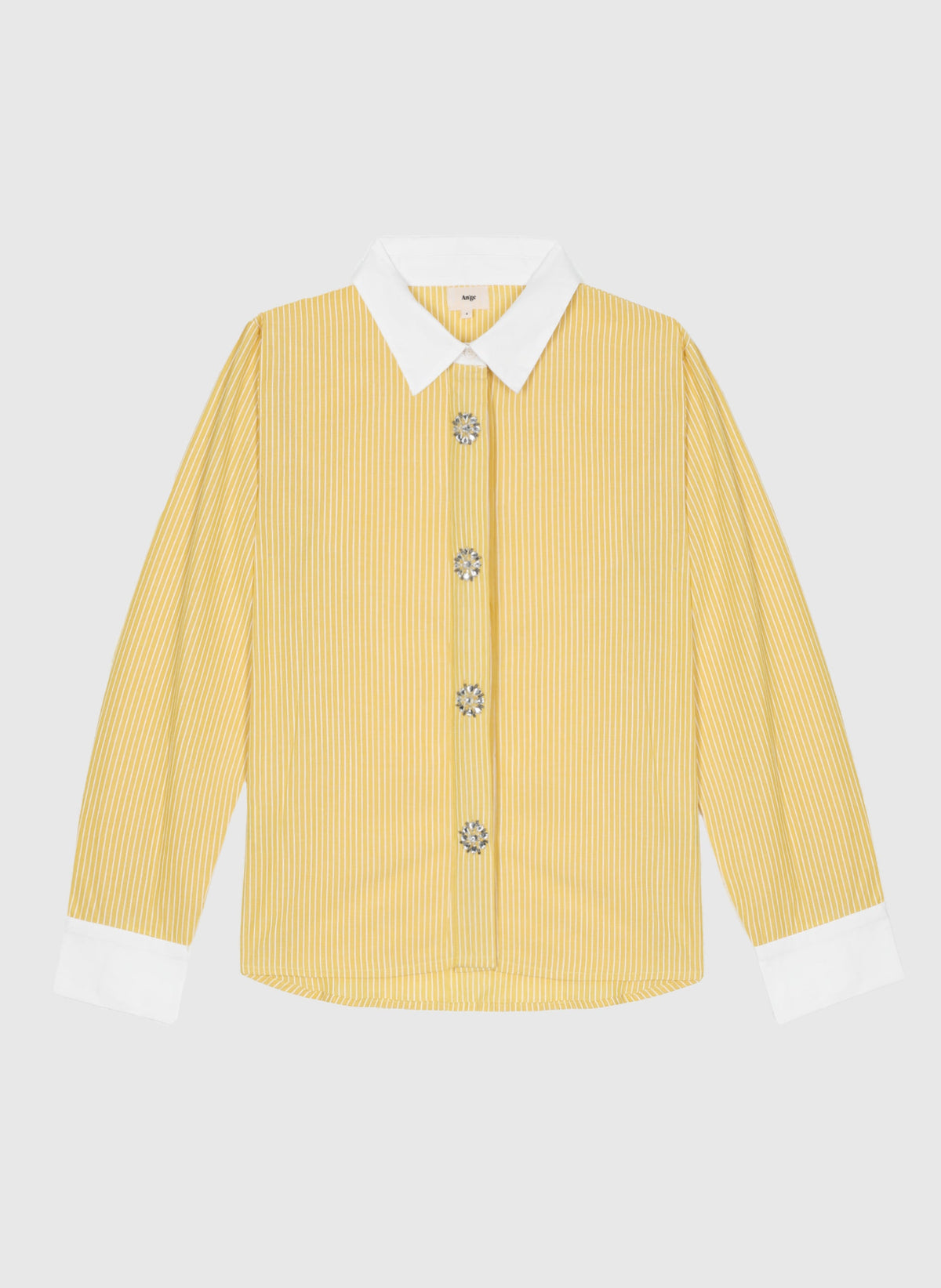 An'ge – Chemise Sylana Jaune, chemise jaune à rayures blanches, col et poignets blancs, boutons fantaisie