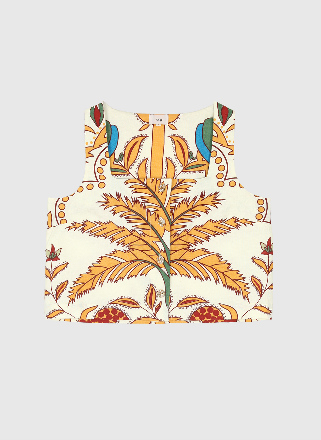 An'ge – Debardeur Symaly Tropico Jaune, débardeur blanc à motifs floraux et oiseaux colorés, vue de face