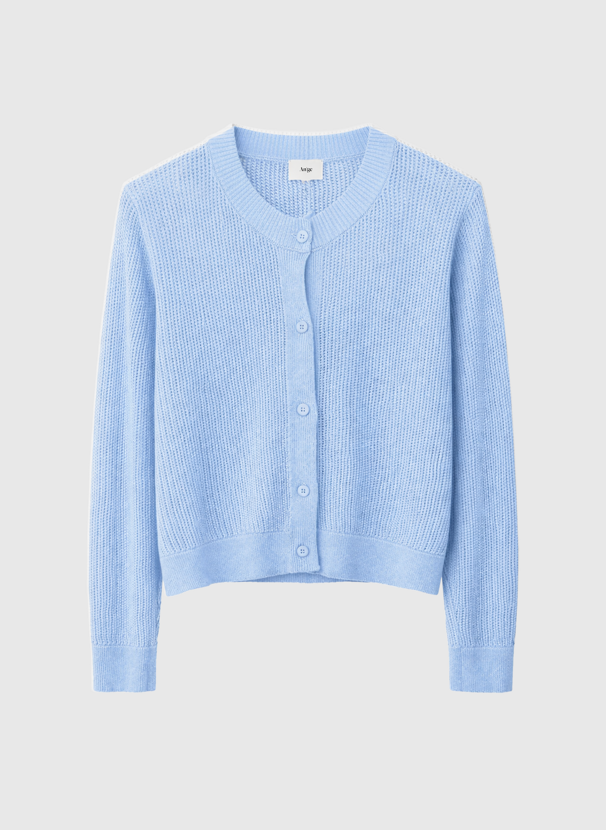 An'ge – Gilet Vadima Ciel, cardigan bleu clair en maille côtelée, vue de face