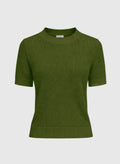 An'ge – Pullover Vima Guacamole, olivgrüner kurzärmeliger Strickpullover, Vorderansicht