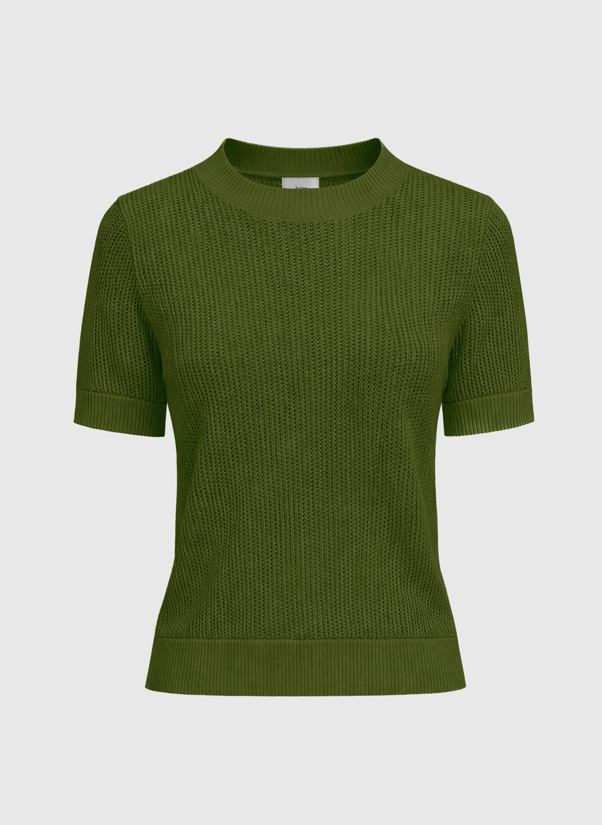 An'ge – Pullover Vima Guacamole, olivgrüner kurzärmeliger Strickpullover, Vorderansicht