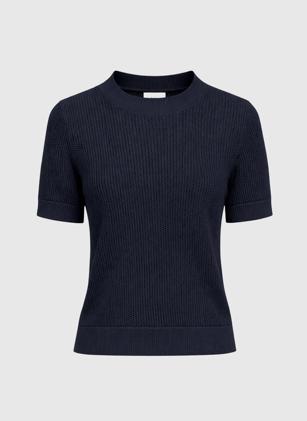 An'ge – Maglione Vima Nuit, maglione in maglia blu navy a maniche corte, vista frontale