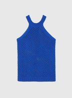 An'ge – Debardeur Virgil Electric, débardeur en maille crochet bleu électrique, vue de face sur fond uni