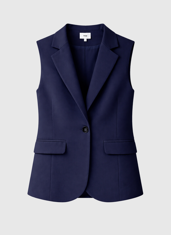 An'ge – Veste Sans Manches Zakarita Marine, gilet da completo blu navy, vista frontale, su sfondo a tinta unita