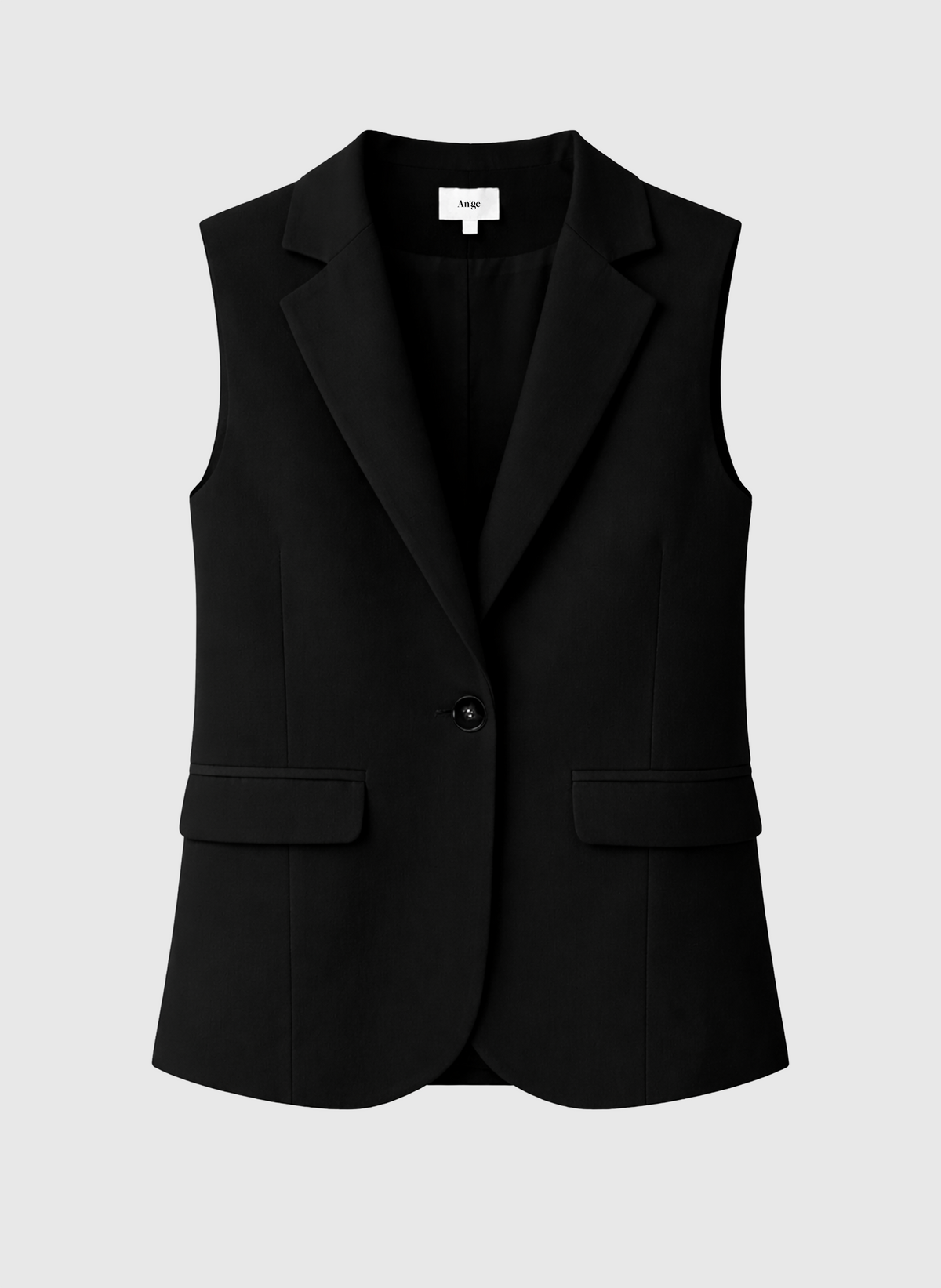 An'ge – Veste Sans Manches Zakarita Noir, gilet de costume noir sans manches, avec un bouton et deux poches