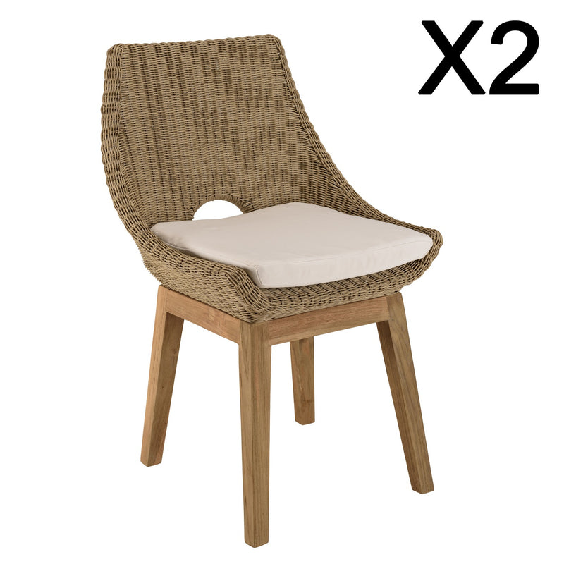 Kally - Lot De 2 Chaises Jardin - Rotin Synthétique/Teck/Mousse/Aluminium/Tissu Polyester 100% - Beige/Ecru/Marron
