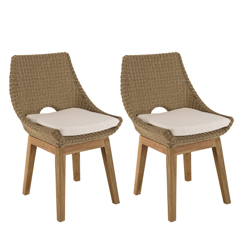 Kally - Lot De 2 Chaises Jardin - Rotin Synthétique/Teck/Mousse/Aluminium/Tissu Polyester 100% - Beige/Ecru/Marron