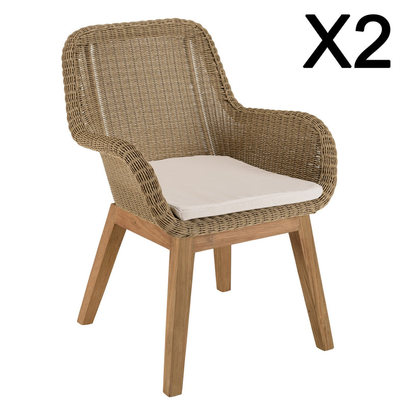 Kally - Lot De 2 Fauteuils Jardin - Rotin Synthétique/Teck/Mousse/Aluminium/Tissu Polyester 100% - Beige/Ecru/Marron