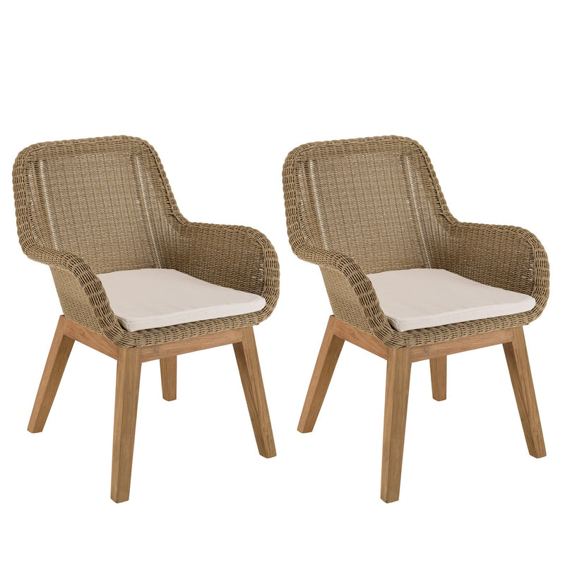 Kally - Lot De 2 Fauteuils Jardin - Rotin Synthétique/Teck/Mousse/Aluminium/Tissu Polyester 100% - Beige/Ecru/Marron