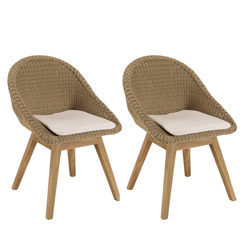 Kally - Lot De 2 Chaises Jardin - Rotin Synthétique/Teck/Mousse/Aluminium/Tissu Polyester 100% - Beige/Ecru/Marron