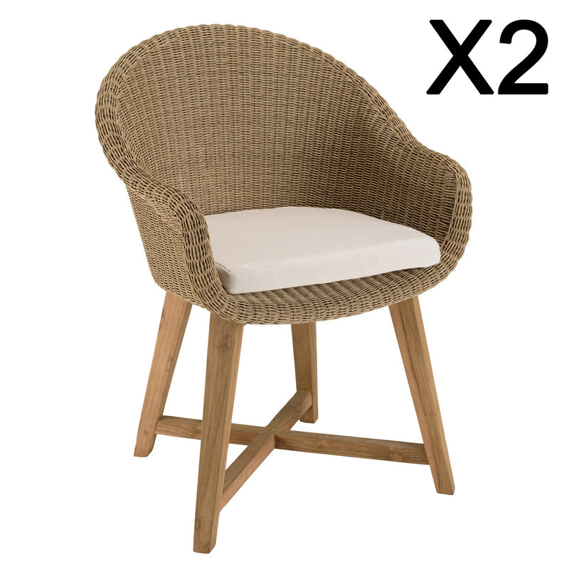 Kally - Lot De 2 Fauteuils Jardin - Rotin Synthétique/Teck/Mousse/Aluminium/Tissu Polyester 100% - Beige/Ecru/Marron