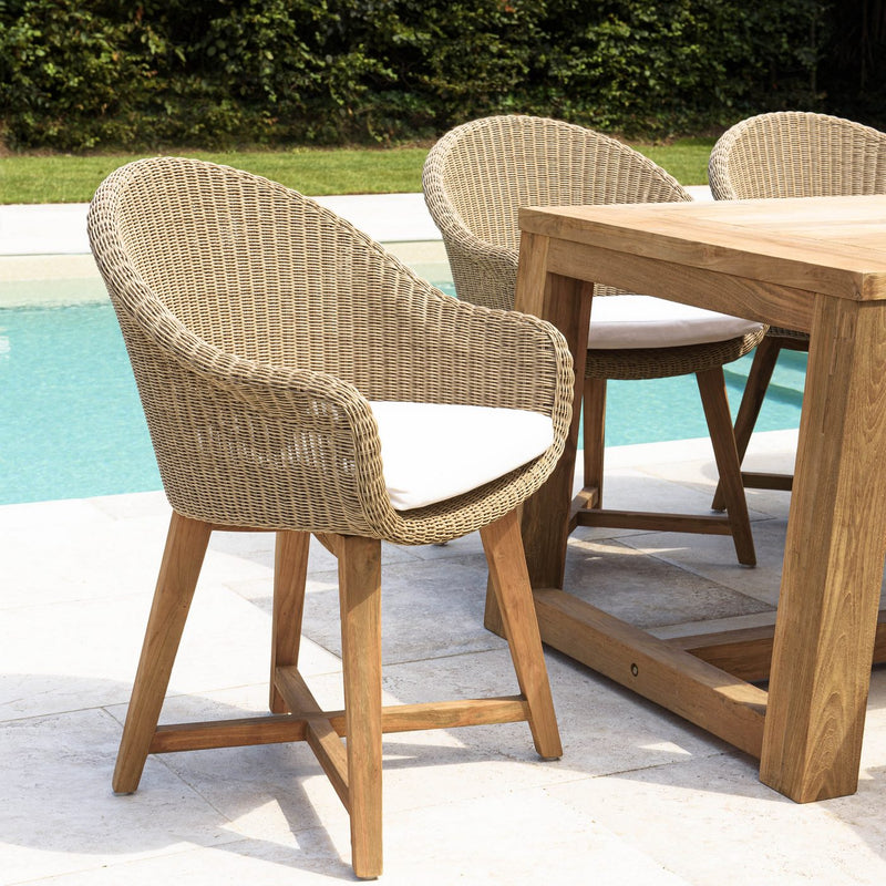 Kally - Lot De 2 Fauteuils Jardin - Rotin Synthétique/Teck/Mousse/Aluminium/Tissu Polyester 100% - Beige/Ecru/Marron