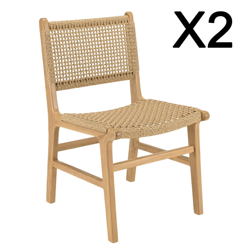 Valeria - Lot De 2 Chaises Jardin - Teck/Rotin Synthétique - Bois Clair/Beige