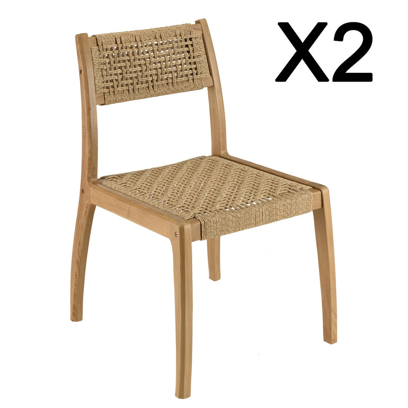 Valeria - Lot De 2 Chaises Jardin - Teck/Rotin Synthétique - Bois Clair/Beige