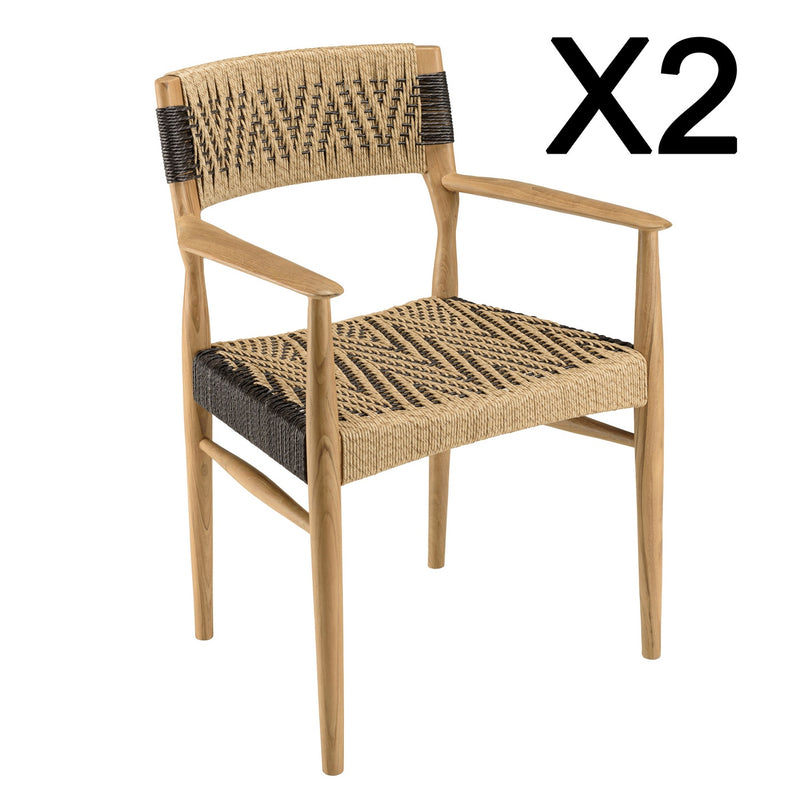 Valeria - Lot De 2 Fauteuils Jardin - Teck/Rotin Synthétique - Bois Clair/Beige/Noir