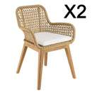 Valeria - Lot De 2 Fauteuils Jardin - Teck/Rotin Synthétique/Olefin/Mousse Polyuréthane - Bois Clair/Blanc/Beige