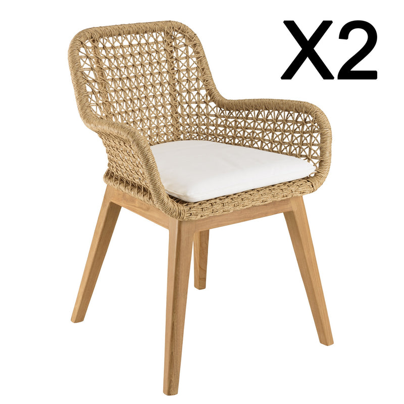 Valeria - Lot De 2 Fauteuils Jardin - Teck/Rotin Synthétique/Olefin/Mousse Polyuréthane - Bois Clair/Blanc/Beige