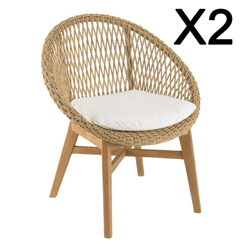 Valeria - Lot De 2 Fauteuils Jardin - Teck/Rotin Synthétique/Olefin/Mousse Polyuréthane - Bois Clair/Blanc/Beige