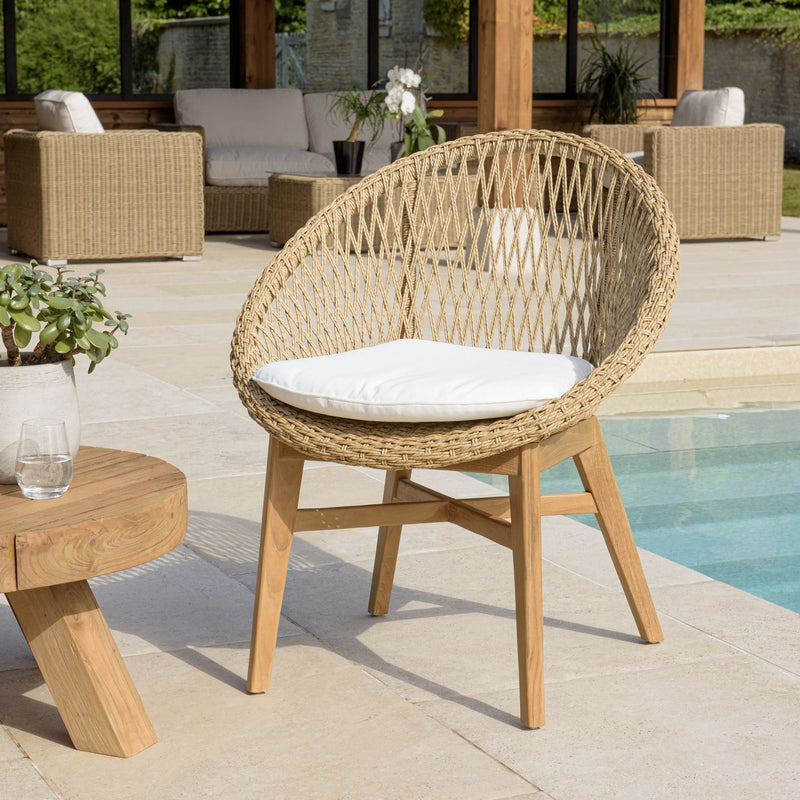 Valeria - Lot De 2 Fauteuils Jardin - Teck/Rotin Synthétique/Olefin/Mousse Polyuréthane - Bois Clair/Blanc/Beige