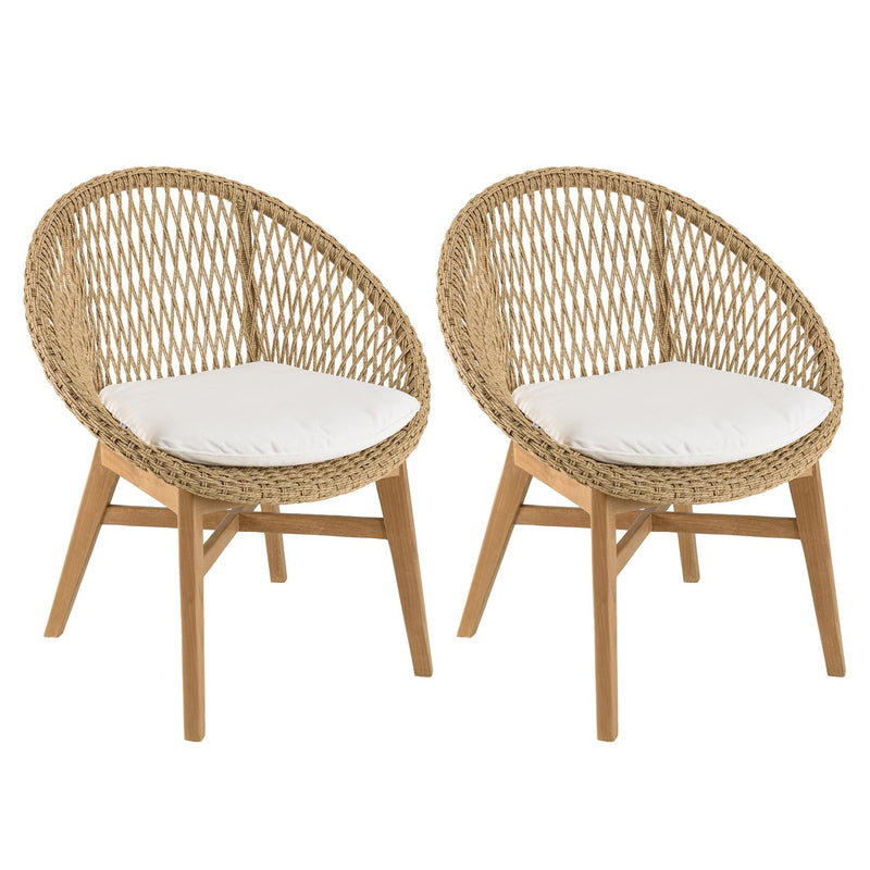 Valeria - Lot De 2 Fauteuils Jardin - Teck/Rotin Synthétique/Olefin/Mousse Polyuréthane - Bois Clair/Blanc/Beige
