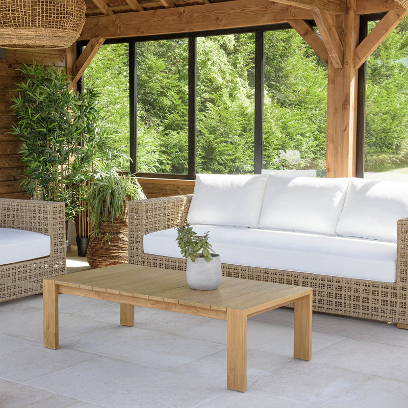 Valeria - Salon De Jardin - Rotin Synthétique/Acier/Teck/Olefin/Mousse Polyuréthane/Fibre Polyester - Beige/Blanc/Bois Clair