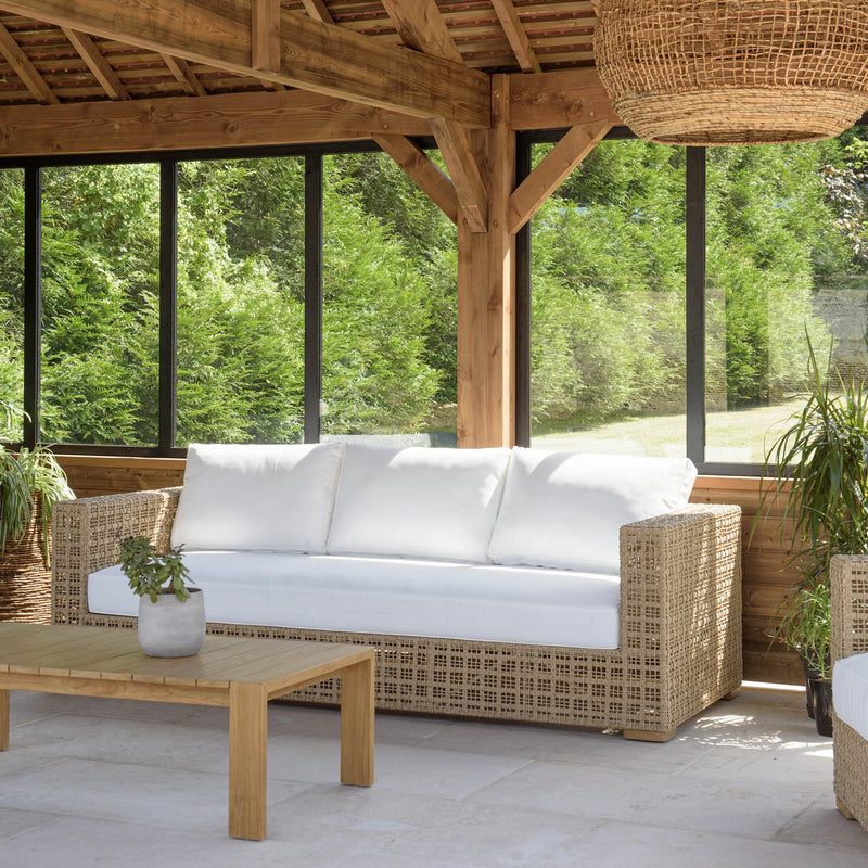 Valeria - Salon De Jardin - Rotin Synthétique/Acier/Teck/Olefin/Mousse Polyuréthane/Fibre Polyester - Beige/Blanc/Bois Clair