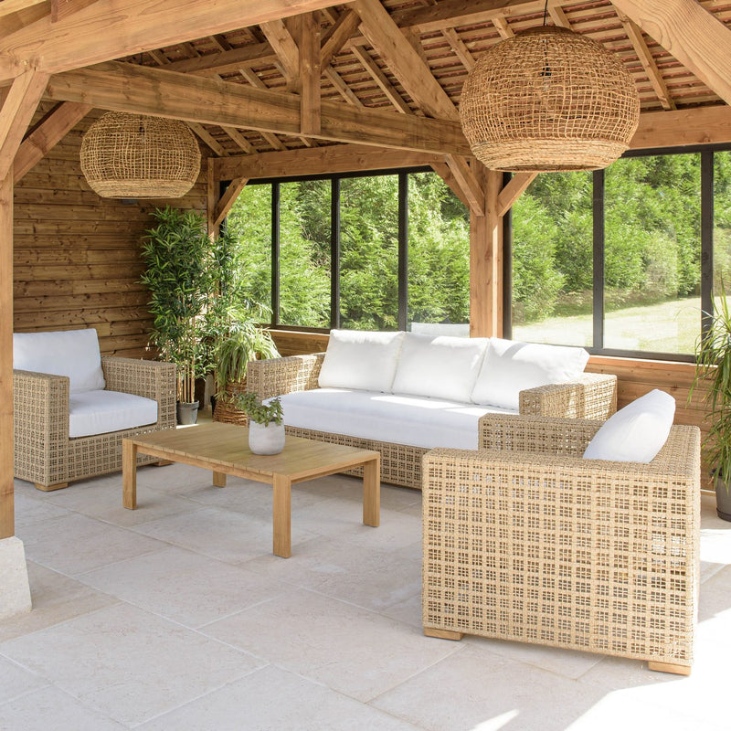 Valeria - Salon De Jardin - Rotin Synthétique/Acier/Teck/Olefin/Mousse Polyuréthane/Fibre Polyester - Beige/Blanc/Bois Clair