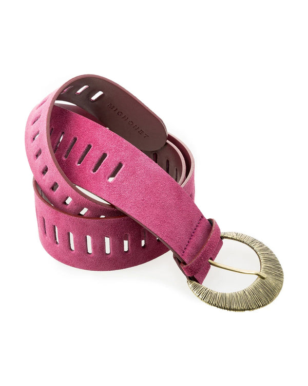 Michonet – Cinturón Pink Suede, cinturón de ante rosa fucsia con hebilla dorada texturizada