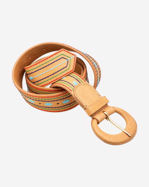 Michonet – Ceinture Latte, beige læderbælte med farverige broderier og guldspænde