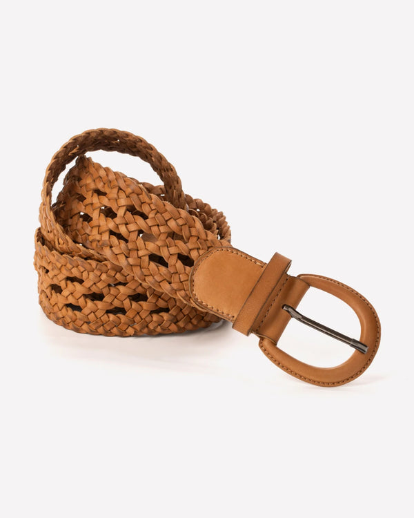 Michonet – Riem Natural, gevlochten riem van lichtbruin leer met metalen gesp