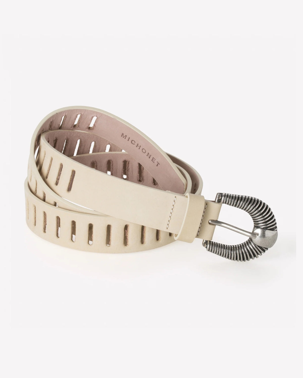 Michonet – Ceinture Ivory, ceinture en cuir beige clair avec boucle en métal argenté