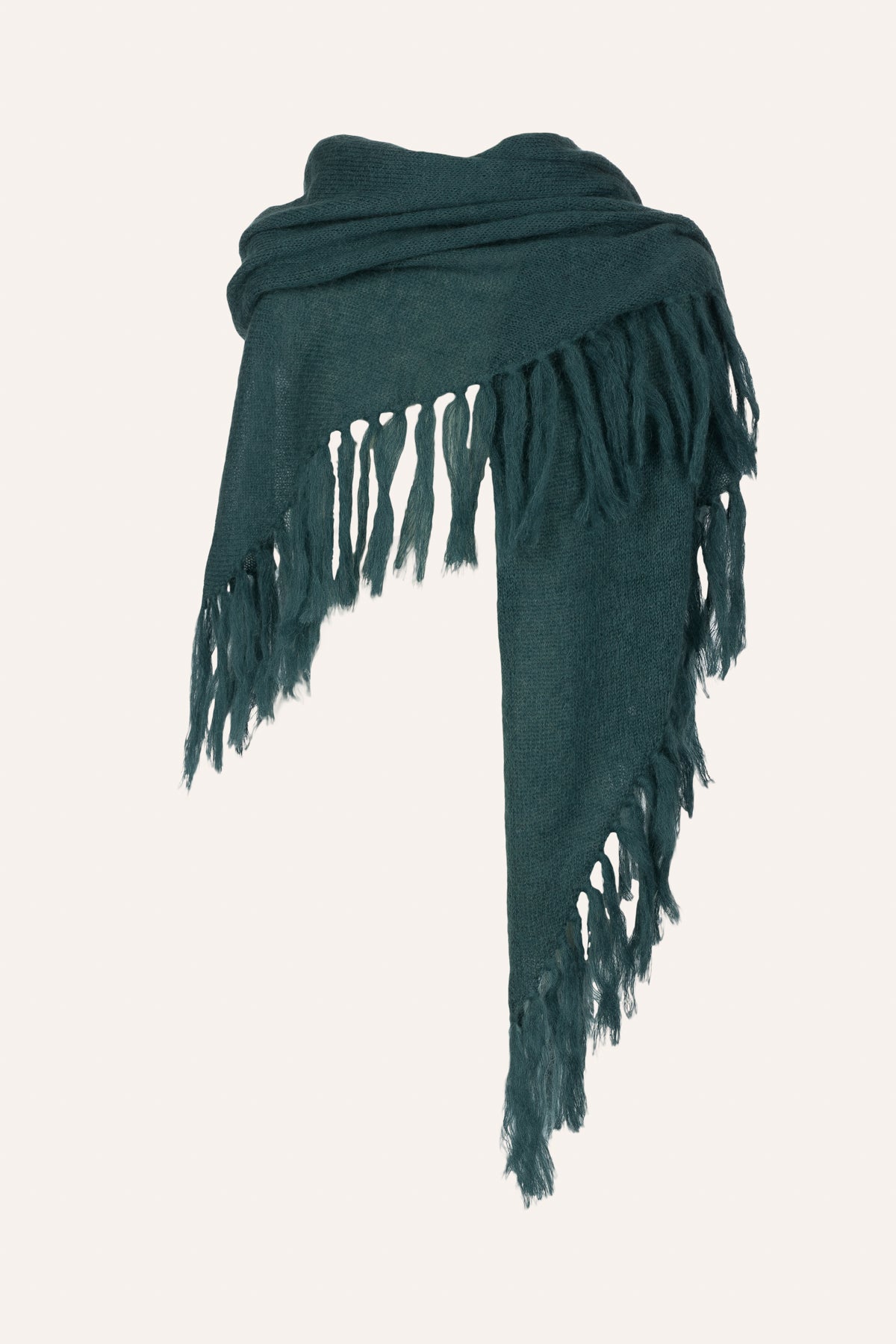 Michonet – Châle Dark Green, écharpe en maille vert foncé avec des franges, vue de face