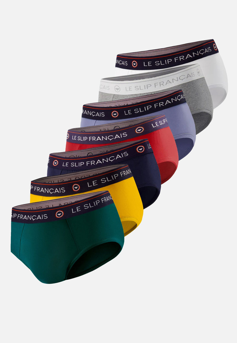 Lot De 7 Slips En Coton - Slips Moutarde Vert Sapin Gris Chiné Rouge Cerise Blanc Marine Bleu Jean