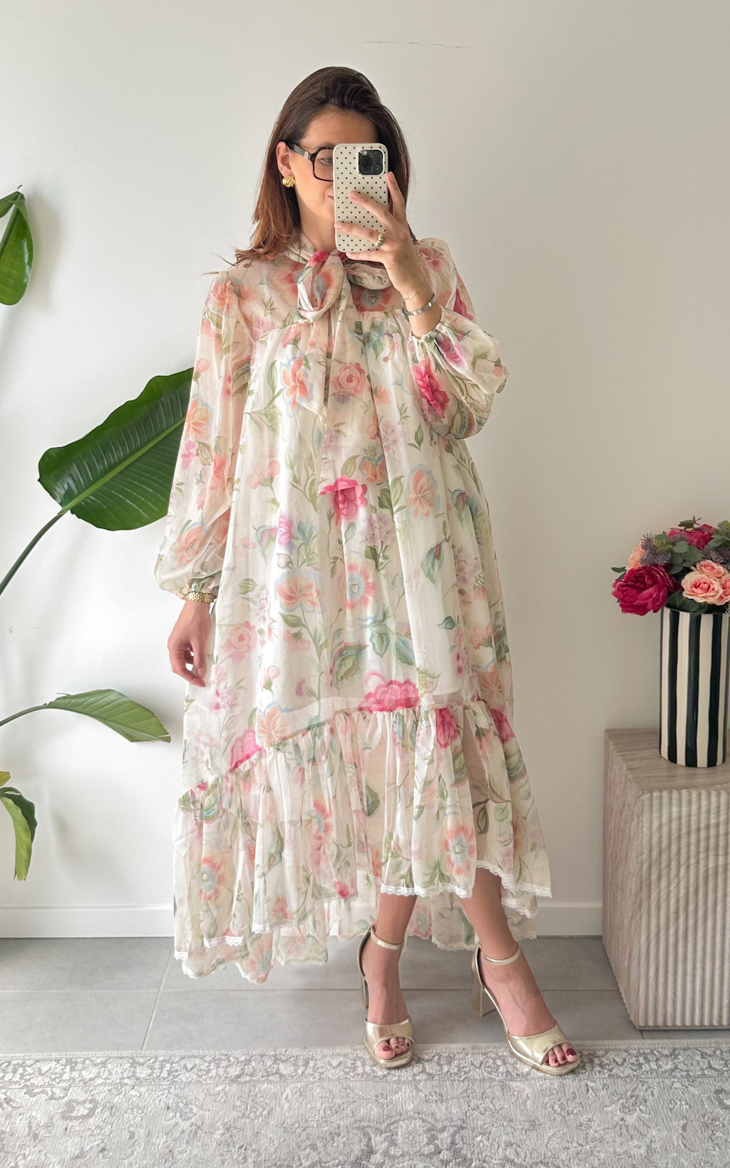 Riomaggiore Long Floral Dress - Ecru and Pink
