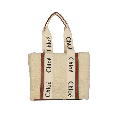 Bolso tote Chloé Woody Shearling - Mujeres - Beige