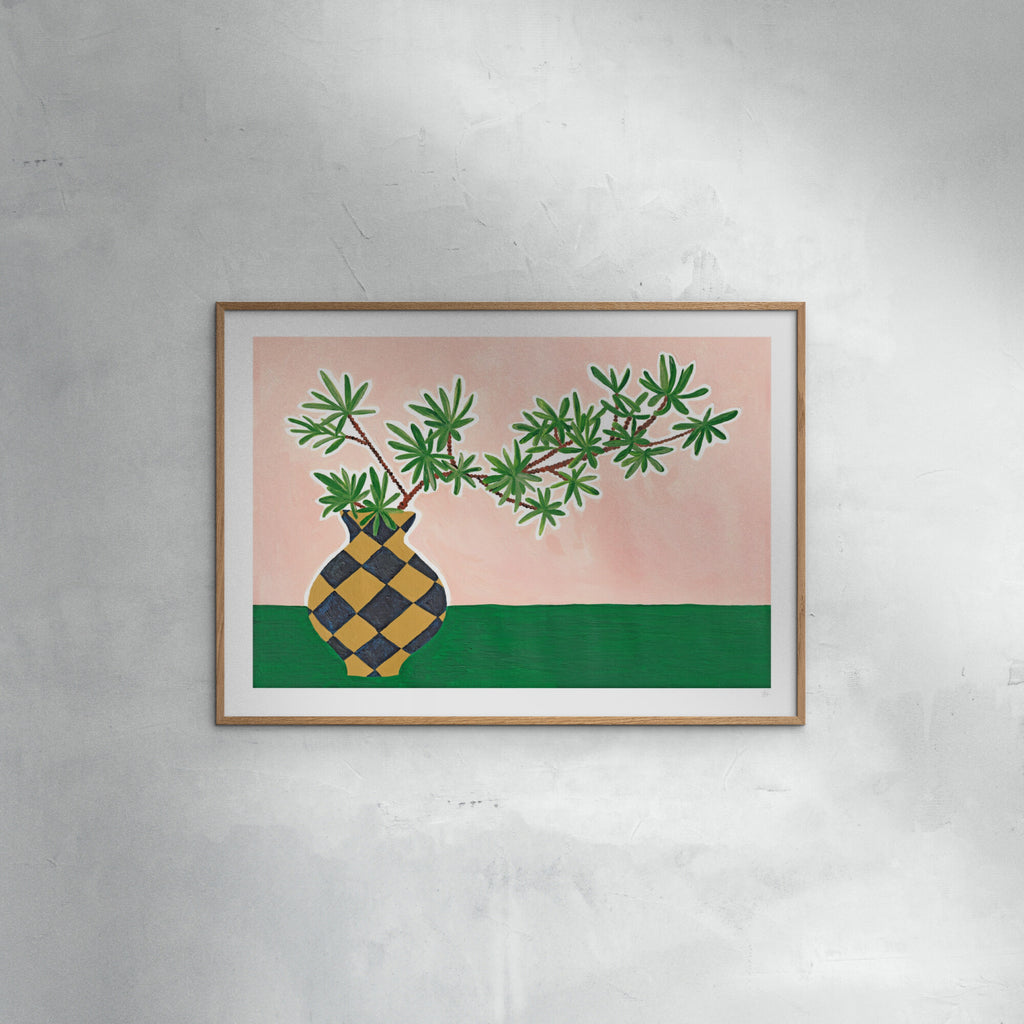 Violets Print House - Pink And Green Plant In Checked Vase