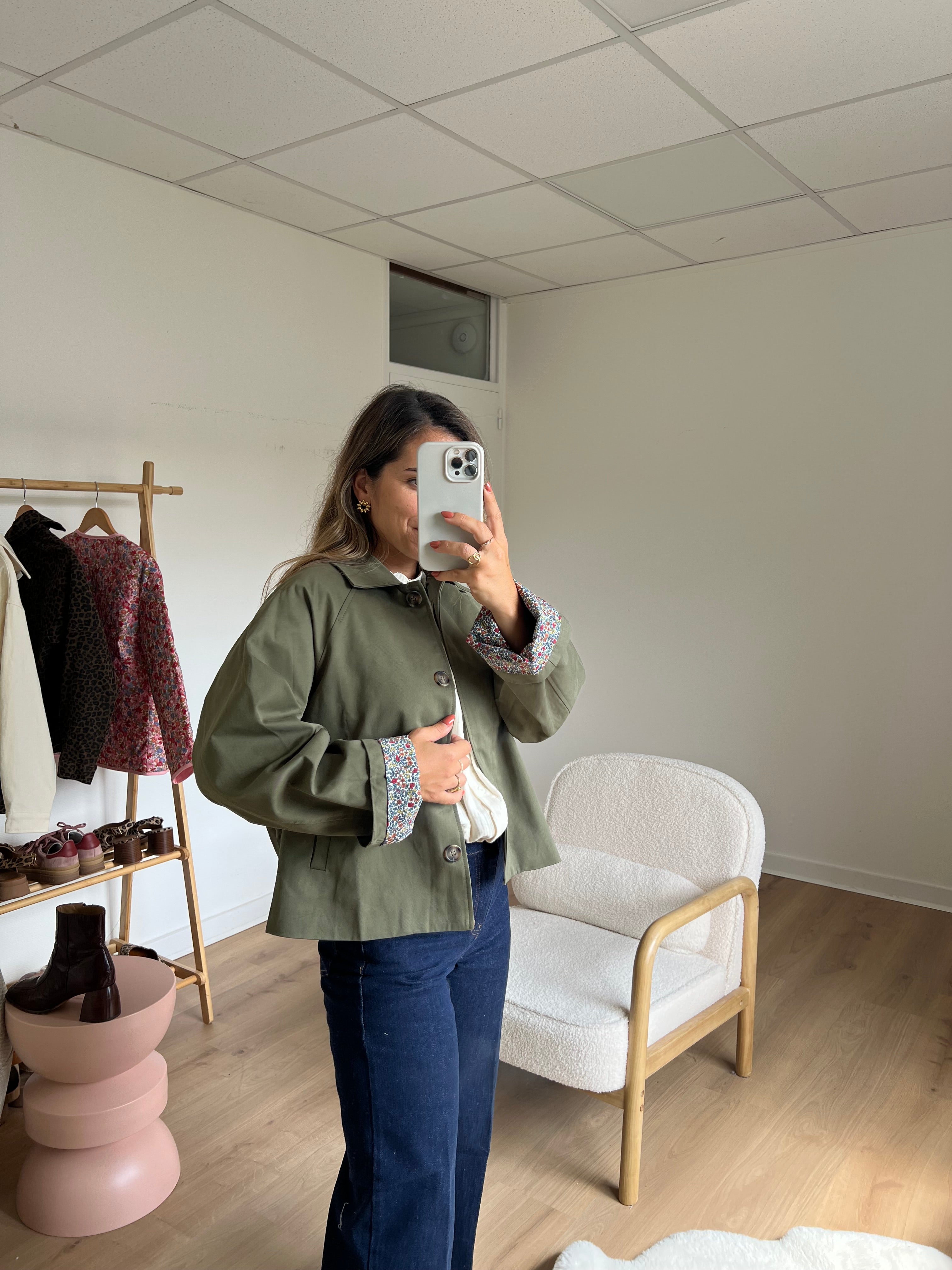 Edith Trench Jacket In Khaki Liberty Cotton